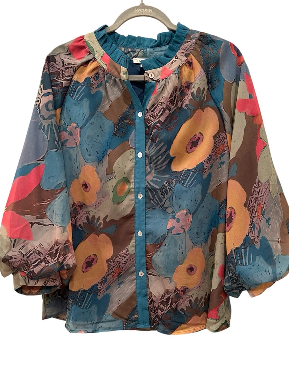 JODIFL Multicolor Floral Button Front Blouse Puff Sleeves Lined Lightweight Sz S